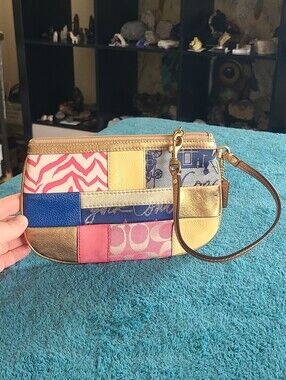 Coach Multicolor Patchwork Wristlet Clutch - Pink, Blue, Yellow & Gold
